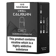 Uwell Caliburn A3S Pods – 2ml side-fill, leak-resistant mesh coil pods; 0.8Ω & 1.0Ω, for rich flavor & smooth vaping.